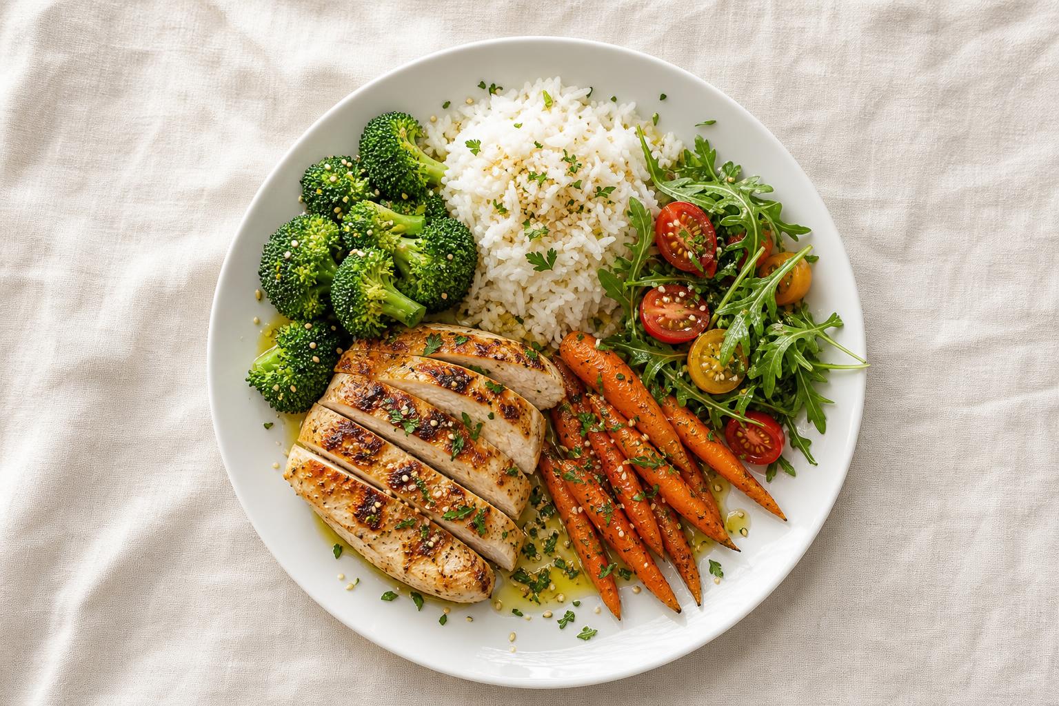 Prato equilibrado com arroz, frango, brócolis e tomate